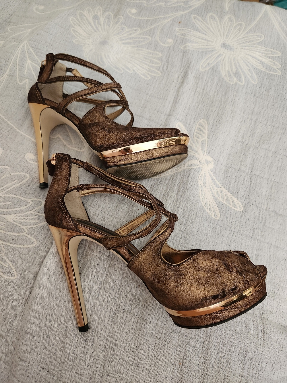 BCBGMaxAzria Bronze Metallic Strappy Peep-Toe Stiletto Heels